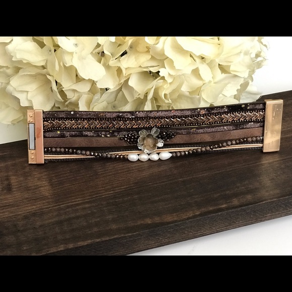 Leather Layered Cuff Bracelet, Brown - Picture 2 of 4